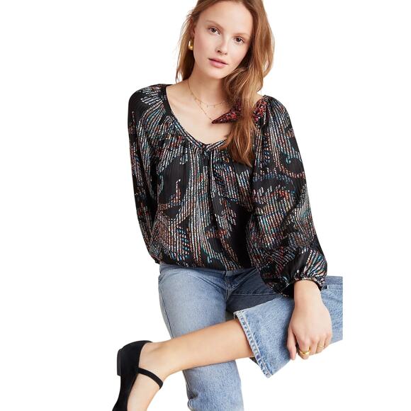 Maeve Madeira Burnout Satin Blouse Black Paisley Anthropologie Women S - Picture 5 of 7